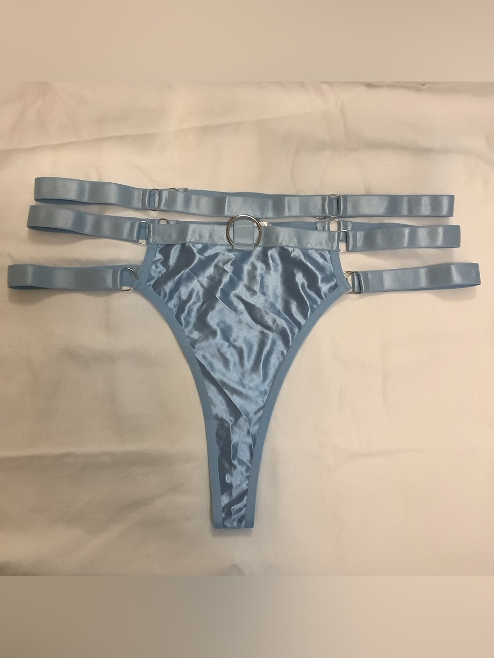 Satin Strappy Thong Panty in Light Blue